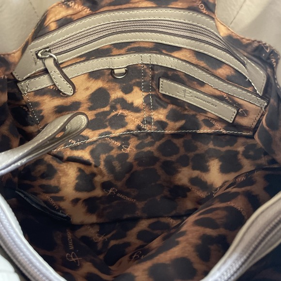 B Makowsky Taupe Leather Shoulder Bag Braided Handle Multi Pocket Satchel Boho - Picture 6 of 12